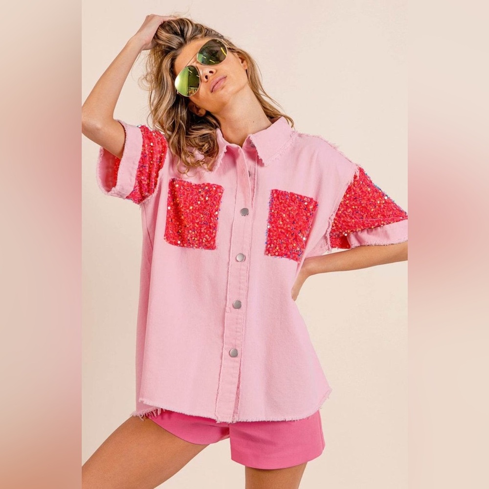 NWT BiBi Pink Sequin Button Up Short Sleeve Top 🩷 Size Large